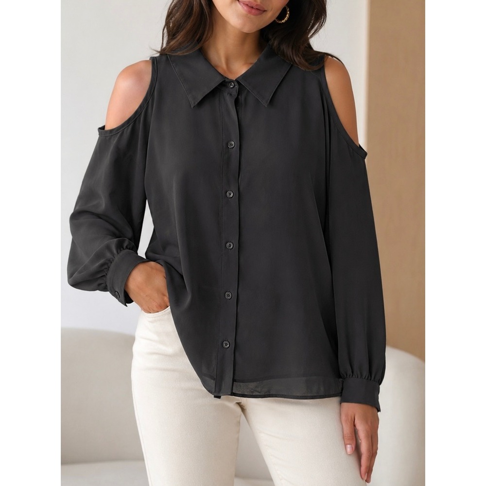 Studio Y Women's Black Cold Shoulder Button Down Blouse‎ Long Sleeve Top XL